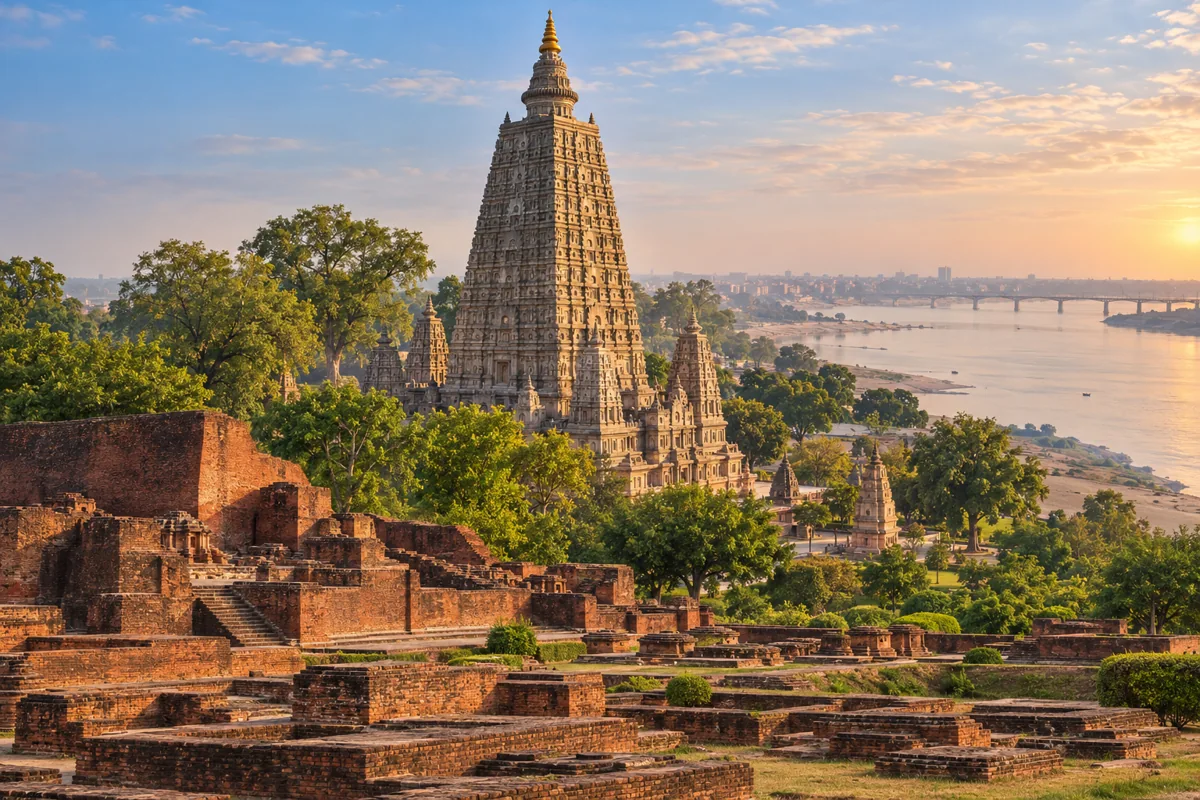 Bihar heritage montage featuring Bodh Gaya, Nalanda brick ruins and the Ganga