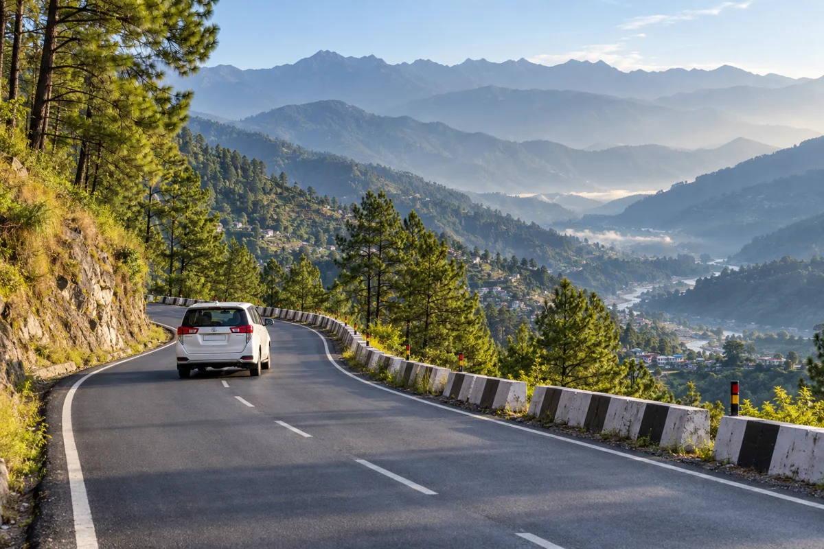 Mountain road through pine-covered Himalayan hills