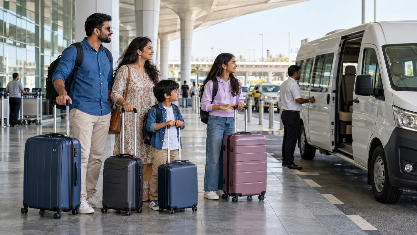 Illustrative family airport pickup scene with luggage and a passenger van