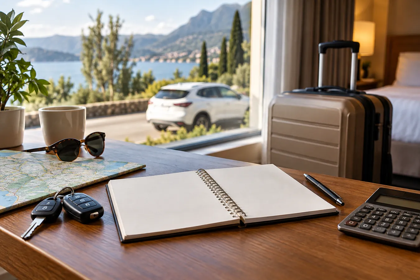 Illustrative trip planning scene with a notebook, car keys and calculator