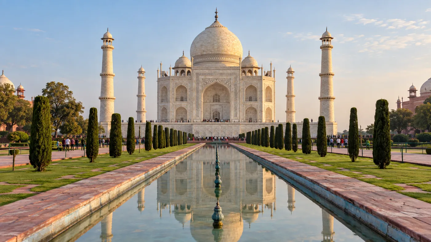 Illustrative morning view of the Taj Mahal and its garden
