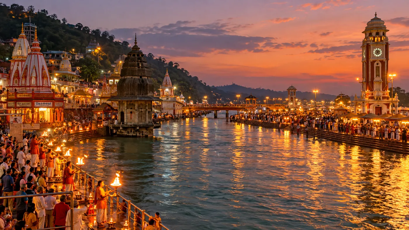 Illustrative evening aarti scene at Har Ki Pauri in Haridwar
