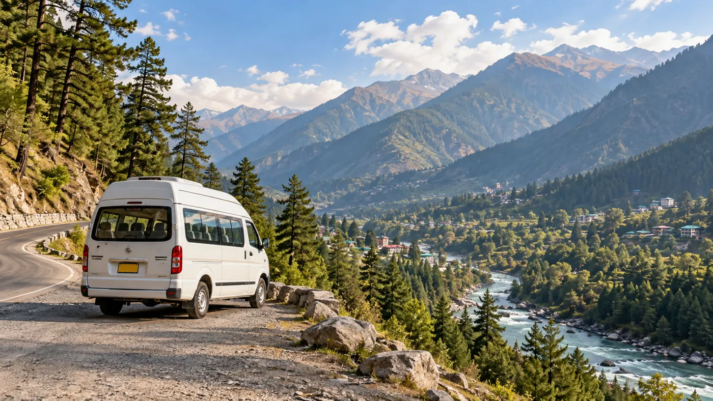 Illustrative Himalayan valley scene with a touring van and river