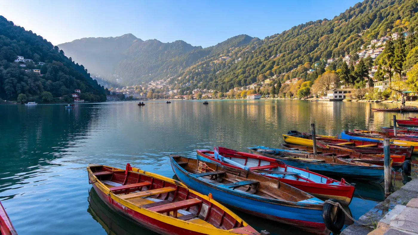 Illustrative Nainital lake scene with boats and surrounding hills