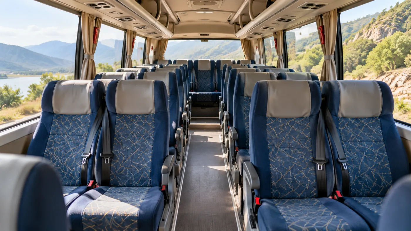 Illustrative passenger minibus interior with seats and a centre aisle