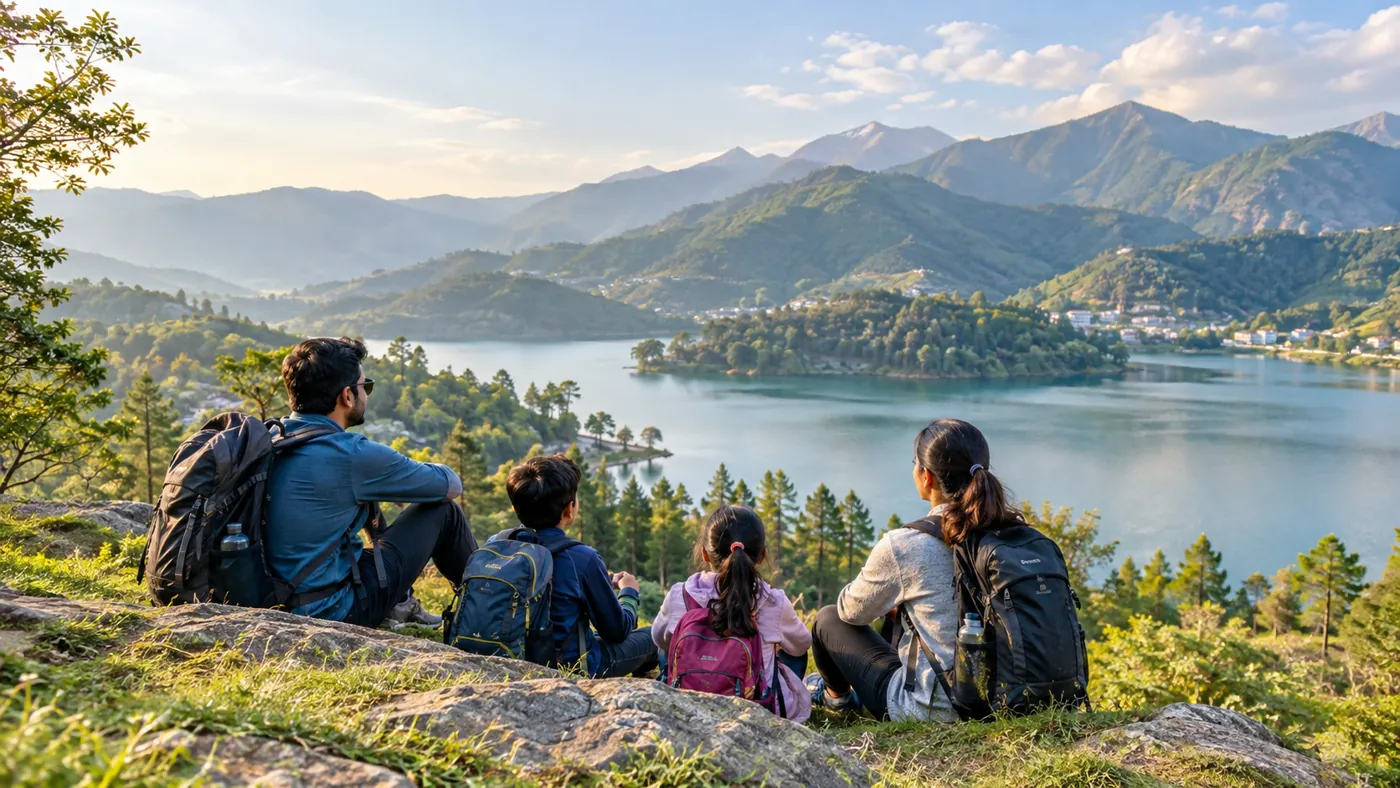 Illustrative family enjoying a lakeside weekend viewpoint
