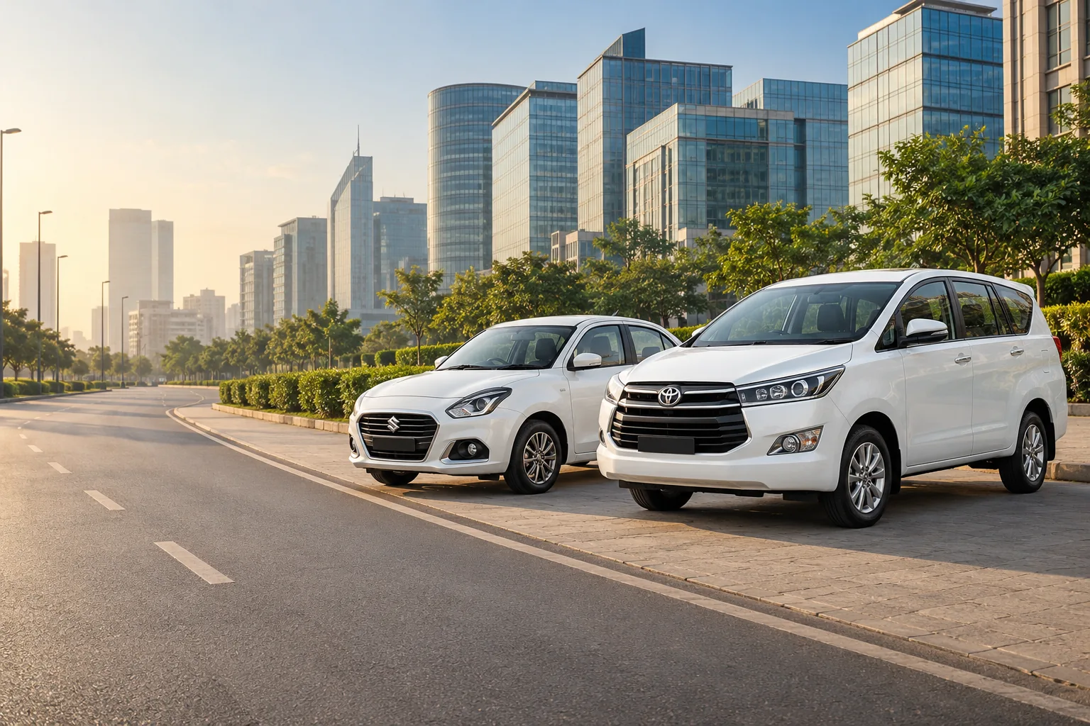 White cars with Gurgaon city scenery