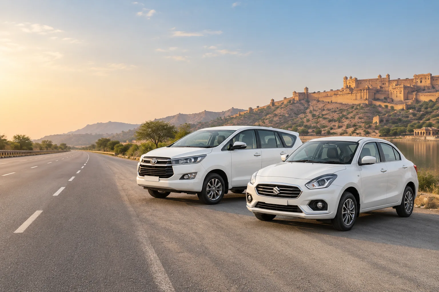 White cars with Rajasthan highway scenery