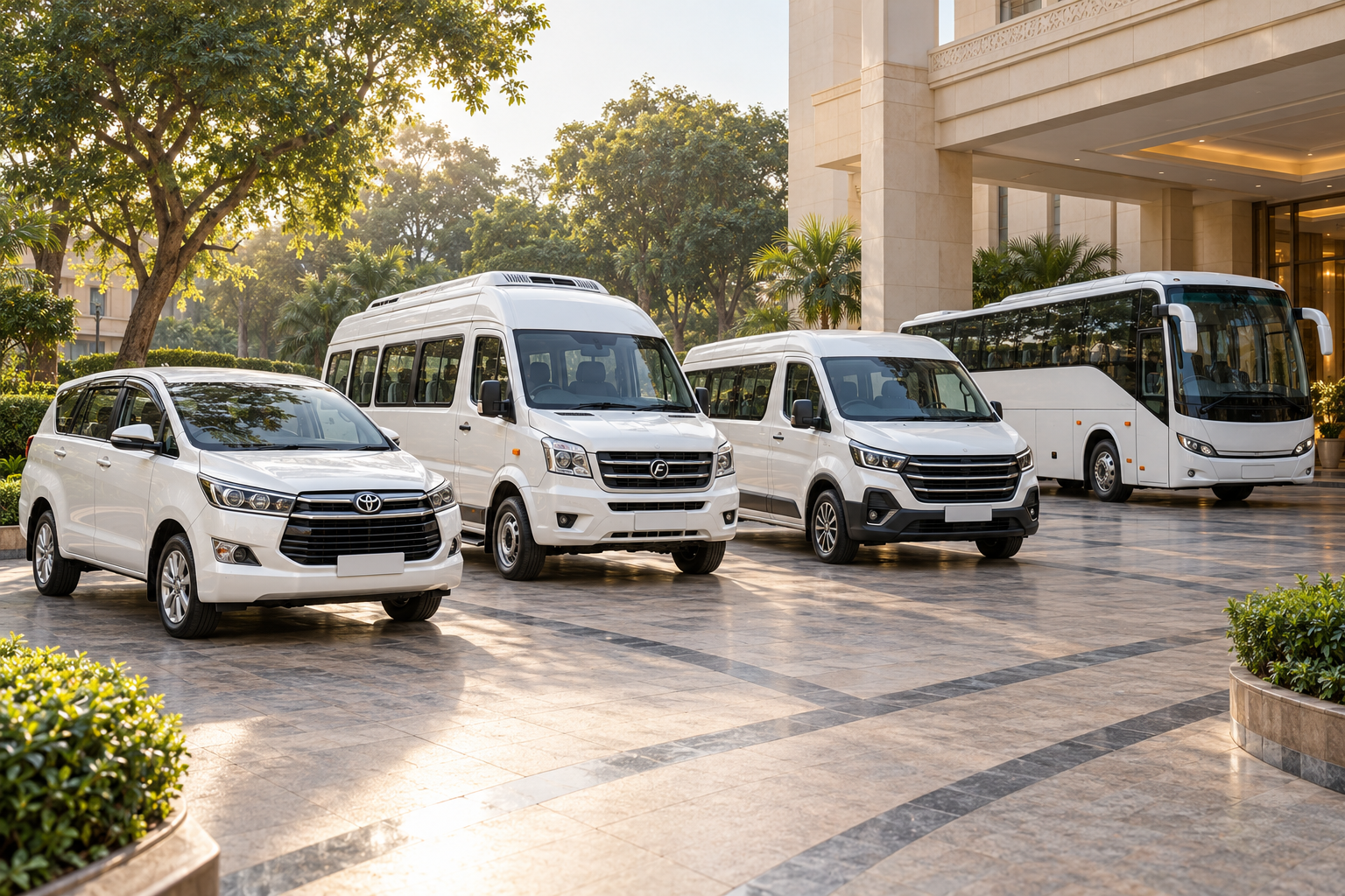 Private car, Tempo Traveller, Force Urbania and tourist coach for international traveller transport