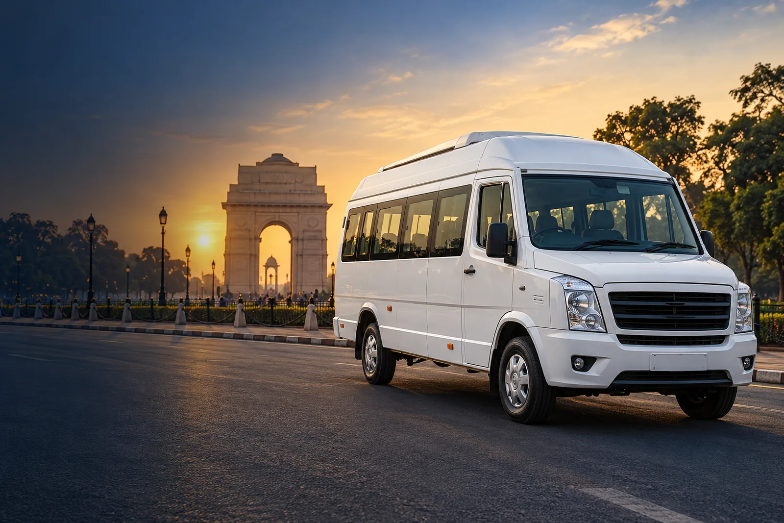 White Tempo Traveller with Delhi city scenery