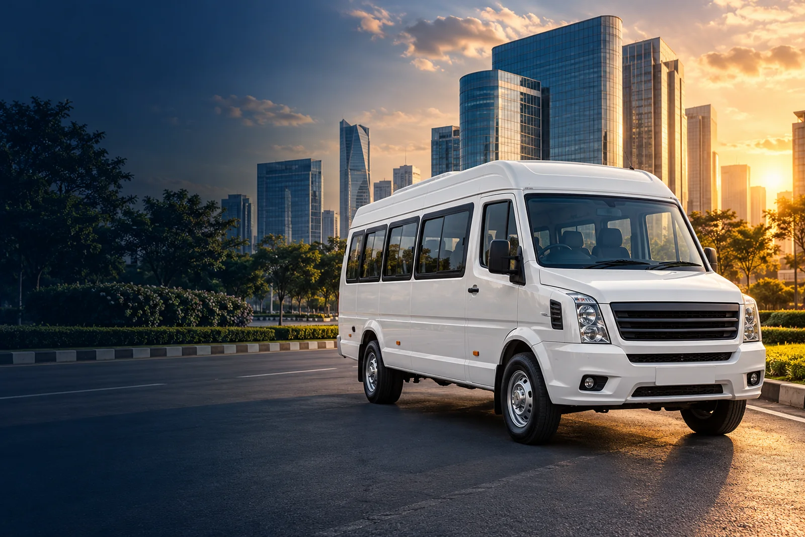 White Tempo Traveller with Gurgaon city scenery