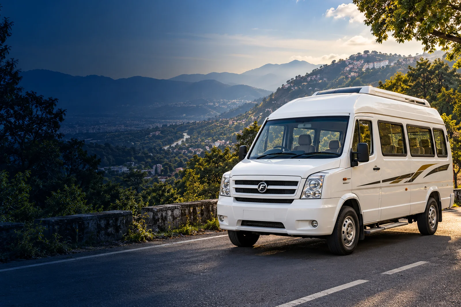 White Tempo Traveller with Dehradun foothill scenery