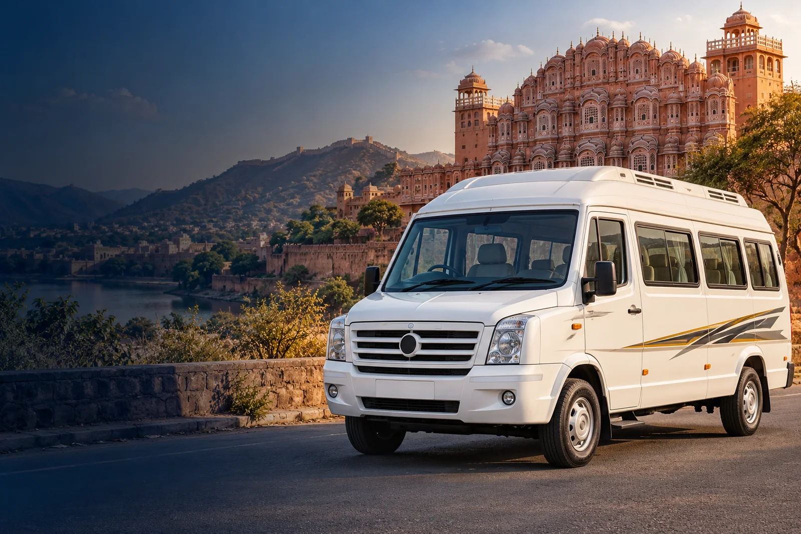White Tempo Traveller with Jaipur heritage scenery
