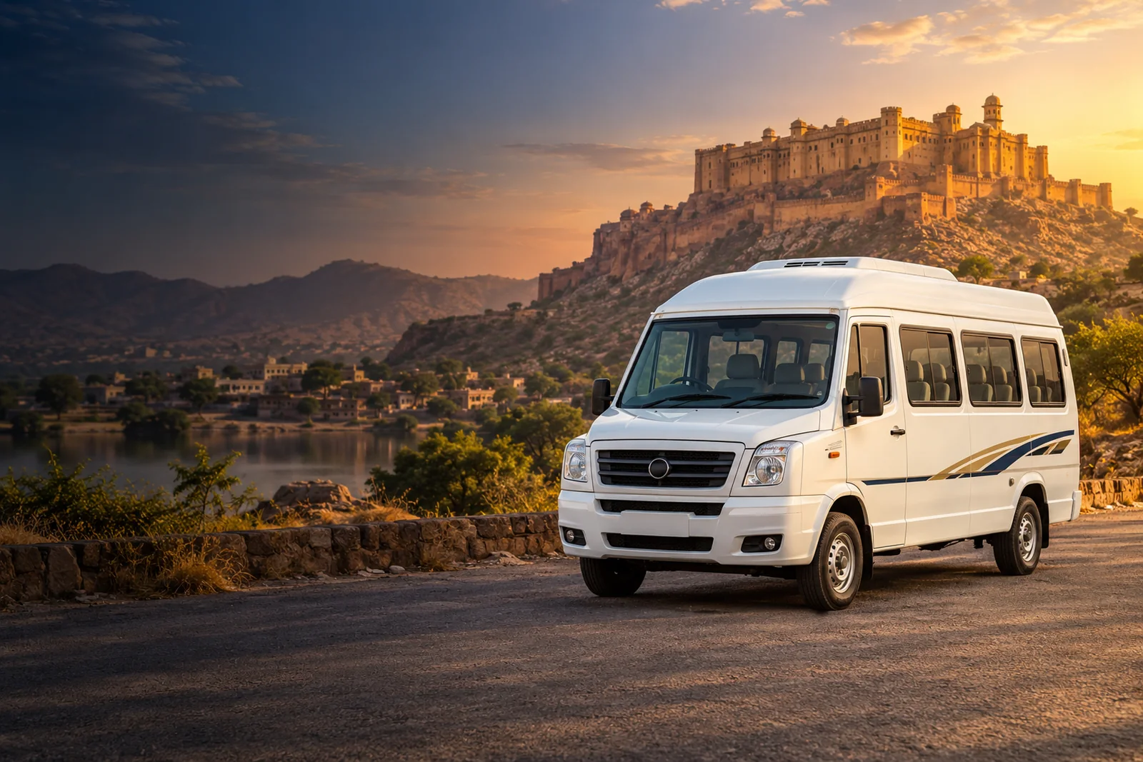 White Tempo Traveller with Rajasthan fort scenery