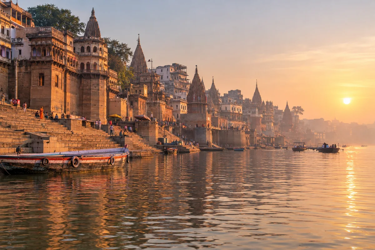 Varanasi riverfront ghats in morning light