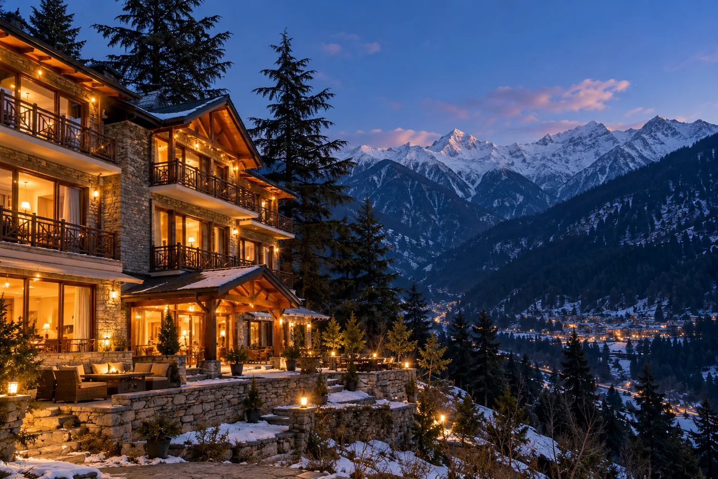 A mountain lodge with warm evening lights in the Manali valley setting