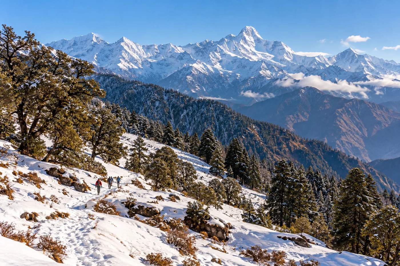 Snow-covered Auli-region slopes and distant Himalayan peaks